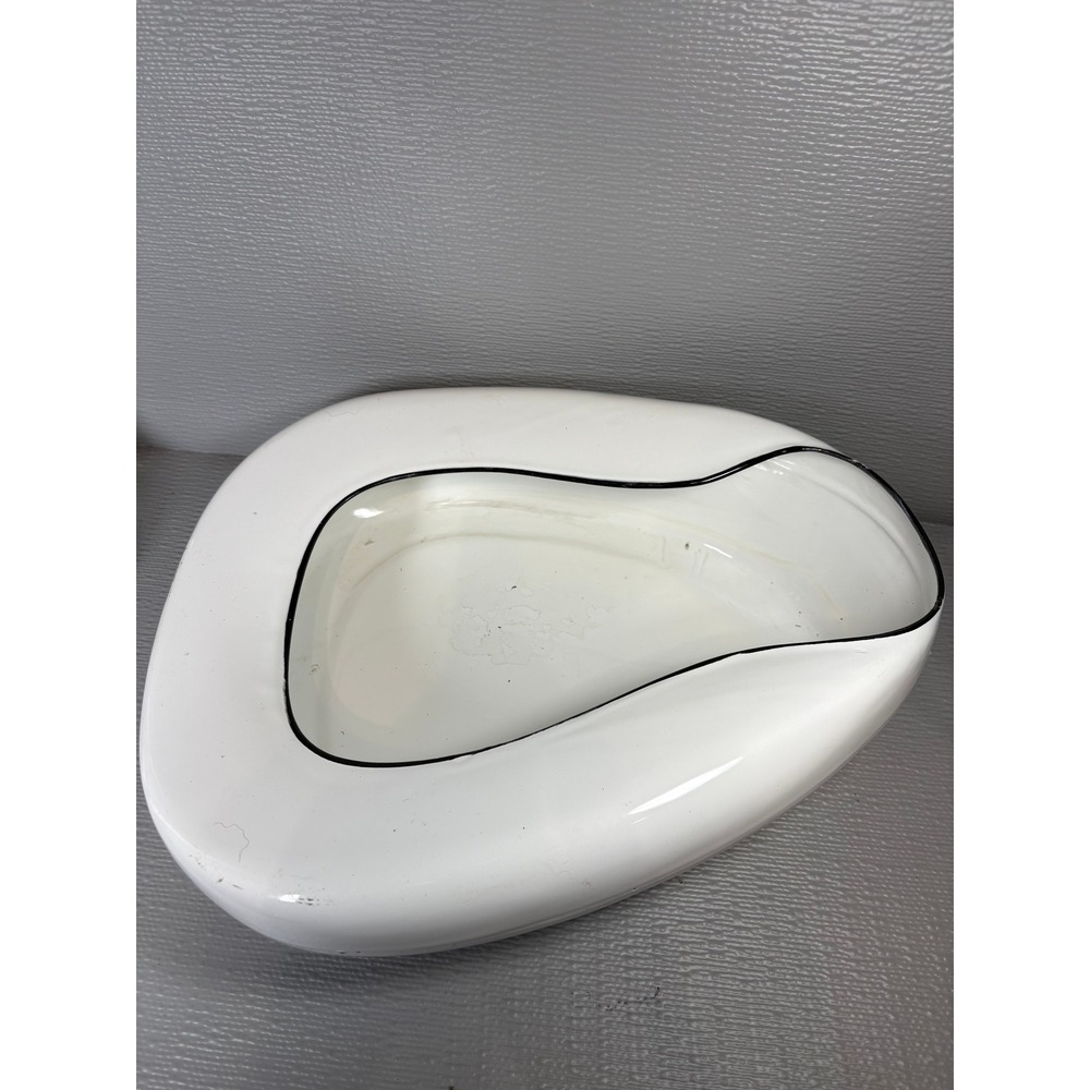 Vintage White Enamel Bedpan with Black Trim Medical Collectible 14 Inch